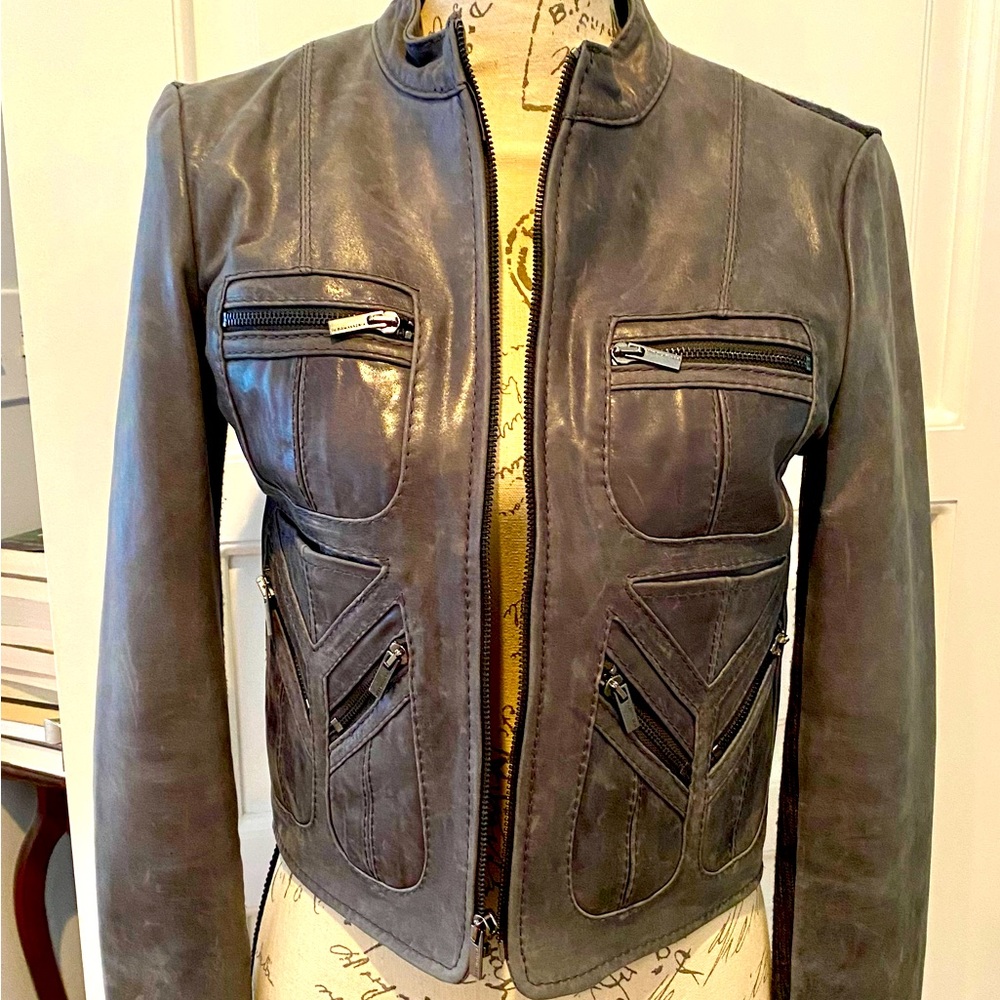 Good as new grey tone leather BCBG Maxazria jacket. Size XS